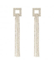 Korean Fashion Square Shape Bling Rhinestone Tassel Long Style Women Wholesale Earrings
