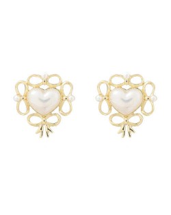 Pearl Heart Inlaid Hollow Bow-Knot Design High Fashion Women Wholesale Earrings