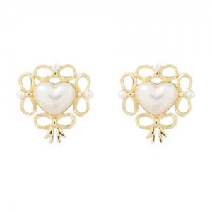 Pearl Heart Inlaid Hollow Bow-Knot Design High Fashion Women Wholesale Earrings