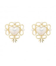 Pearl Heart Inlaid Hollow Bow-Knot Design High Fashion Women Wholesale Earrings