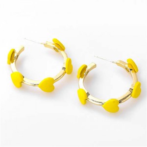 French Fashion Wholesale Jewelry Mini Hearts Embellished Alloy Women Hoop Earrings - Yellow