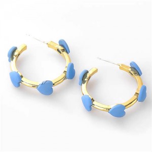 French Fashion Wholesale Jewelry Mini Hearts Embellished Alloy Women Hoop Earrings - Blue