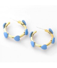 French Fashion Wholesale Jewelry Mini Hearts Embellished Alloy Women Hoop Earrings - Blue