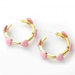 French Fashion Wholesale Jewelry Mini Hearts Embellished Alloy Women Hoop Earrings - Pink