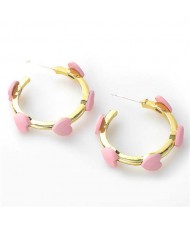 French Fashion Wholesale Jewelry Mini Hearts Embellished Alloy Women Hoop Earrings - Pink