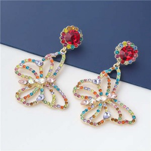 Wholesale Jewelry Gorgeous Hollow-out Colorful Rhinestone Butterfly Women Earrings - Red