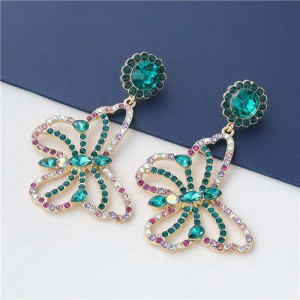 Wholesale Jewelry Gorgeous Hollow-out Colorful Rhinestone Butterfly Women Earrings - Green