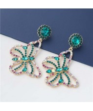 Wholesale Jewelry Gorgeous Hollow-out Colorful Rhinestone Butterfly Women Earrings - Green