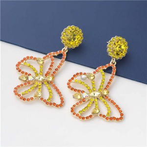 Wholesale Jewelry Gorgeous Hollow-out Colorful Rhinestone Butterfly Women Earrings - Yellow