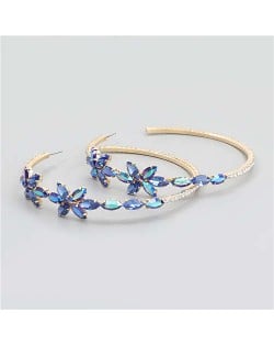 Rhinestone Flowers Design Wholesale Jewelry Korean Fashion Women Hoop Earrings - Blue