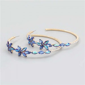 Rhinestone Flowers Design Wholesale Jewelry Korean Fashion Women Hoop Earrings - Blue