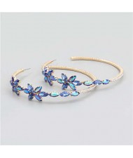 Rhinestone Flowers Design Wholesale Jewelry Korean Fashion Women Hoop Earrings - Blue