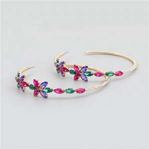 Rhinestone Flowers Design Wholesale Jewelry Korean Fashion Women Hoop Earrings - Multicolor
