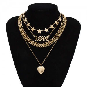 Love Alphabets Stars and Heart Pendant Combo Design Multi-layer Chain Women Wholesale Costume Necklace - Golden