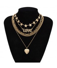 Love Alphabets Stars and Heart Pendant Combo Design Multi-layer Chain Women Wholesale Costume Necklace - Golden