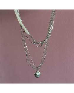 Love Alphabets Stars and Heart Pendant Combo Design Multi-layer Chain Women Wholesale Costume Necklace - Silver