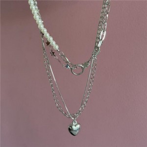 Love Alphabets Stars and Heart Pendant Combo Design Multi-layer Chain Women Wholesale Costume Necklace - Silver