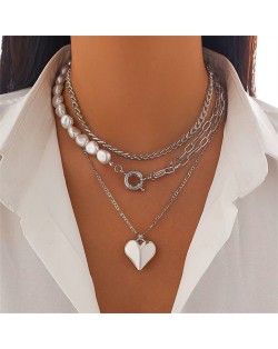 Love Alphabets Stars and Heart Pendant Combo Design Multi-layer Chain Women Wholesale Costume Necklace - Silver