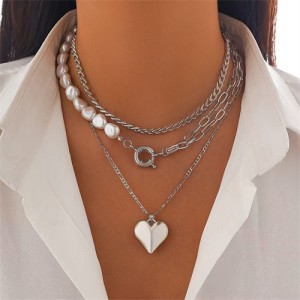 Love Alphabets Stars and Heart Pendant Combo Design Multi-layer Chain Women Wholesale Costume Necklace - Silver