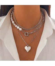 Love Alphabets Stars and Heart Pendant Combo Design Multi-layer Chain Women Wholesale Costume Necklace - Silver