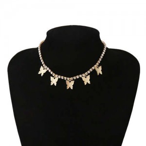 Wholesale Jewelry Butterfly Tassel Rhinestone Inlaid Design Korean Fashion Women Temperament Necklace - Golden