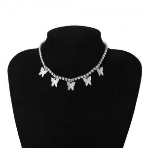 Wholesale Jewelry Butterfly Tassel Rhinestone Inlaid Design Korean Fashion Women Temperament Necklace - Silver