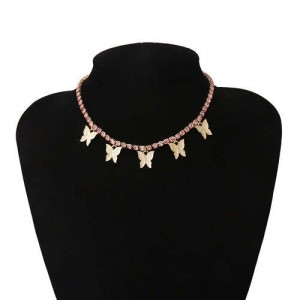 Wholesale Jewelry Butterfly Tassel Rhinestone Inlaid Design Korean Fashion Women Temperament Necklace - Golden Pink