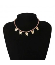 Wholesale Jewelry Butterfly Tassel Rhinestone Inlaid Design Korean Fashion Women Temperament Necklace - Golden Pink