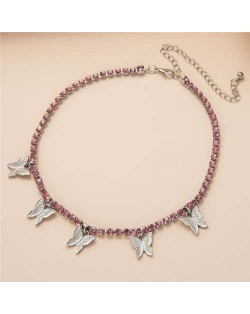 Wholesale Jewelry Butterfly Tassel Rhinestone Inlaid Design Korean Fashion Women Temperament Necklace - Silver Pink