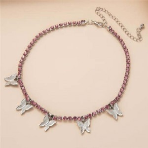 Wholesale Jewelry Butterfly Tassel Rhinestone Inlaid Design Korean Fashion Women Temperament Necklace - Silver Pink