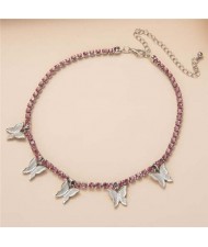 Wholesale Jewelry Butterfly Tassel Rhinestone Inlaid Design Korean Fashion Women Temperament Necklace - Silver Pink