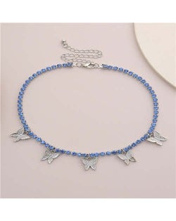 Wholesale Jewelry Butterfly Tassel Rhinestone Inlaid Design Korean Fashion Women Temperament Necklace - Silver Blue