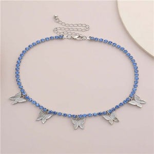 Wholesale Jewelry Butterfly Tassel Rhinestone Inlaid Design Korean Fashion Women Temperament Necklace - Silver Blue