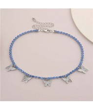 Wholesale Jewelry Butterfly Tassel Rhinestone Inlaid Design Korean Fashion Women Temperament Necklace - Silver Blue