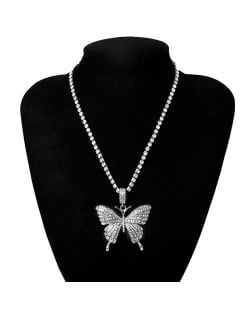 Shining Rhinestone Butterfly Pendant Chain Fashion Women Wholesale Statement Necklace - Silver