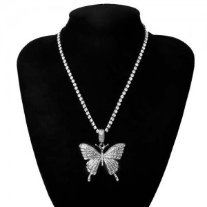 Shining Rhinestone Butterfly Pendant Chain Fashion Women Wholesale Statement Necklace - Silver