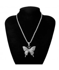 Shining Rhinestone Butterfly Pendant Chain Fashion Women Wholesale Statement Necklace - Silver