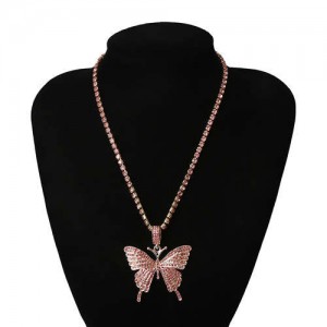 Shining Rhinestone Butterfly Pendant Chain Fashion Women Wholesale Statement Necklace - Pink