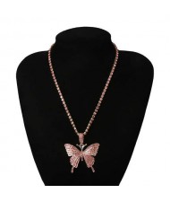 Shining Rhinestone Butterfly Pendant Chain Fashion Women Wholesale Statement Necklace - Pink