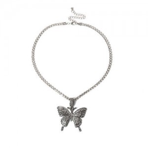 Shining Rhinestone Butterfly Pendant Chain Fashion Women Wholesale Statement Necklace - Black