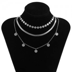 U.S. Fashion Wholesale Jewelry Simple Design Round Iron Sheets Pendant Women Necklace - Silver