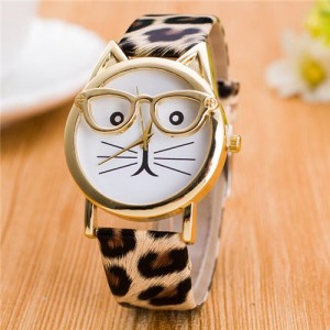 Cute Golden Glasses Cat Fashion Wrist Watch - Leopard Prints