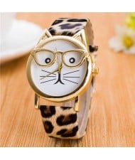 Cute Golden Glasses Cat Fashion Wrist Watch - Leopard Prints