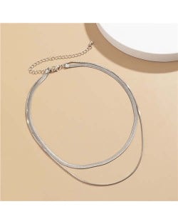 Simple Design Double Layer Chain Women Wholesale Necklace - Silver