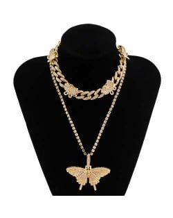 Rhinstone Butterfly Pendant Wholesale Jewelry Dual Layers Cuban Chain Women Statement Necklace - Golden