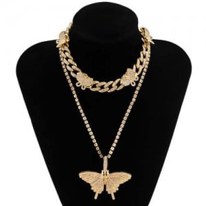 Rhinstone Butterfly Pendant Wholesale Jewelry Dual Layers Cuban Chain Women Statement Necklace - Golden