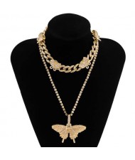 Rhinstone Butterfly Pendant Wholesale Jewelry Dual Layers Cuban Chain Women Statement Necklace - Golden