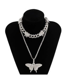 Rhinstone Butterfly Pendant Wholesale Jewelry Dual Layers Cuban Chain Women Statement Necklace - Silver