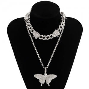 Rhinstone Butterfly Pendant Wholesale Jewelry Dual Layers Cuban Chain Women Statement Necklace - Silver