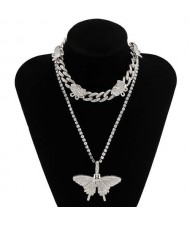 Rhinstone Butterfly Pendant Wholesale Jewelry Dual Layers Cuban Chain Women Statement Necklace - Silver